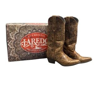 Laredo Western Boots Brown Rust Cross Snip Toe Embroidered Leather Cowboy